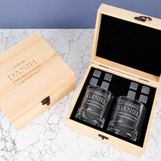 Personalised wooden boxed whiskey glass set with engraved round glasses and whiskey stones for milestone birthdays