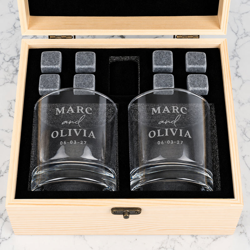 Engraved round whiskey glass gift set in wooden presentation box for wedding, engagement or anniversary