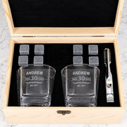 Engraved 295ml whiskey glasses with whiskey stones and tongs for 30th, 40th, 50th and 60th birthdays