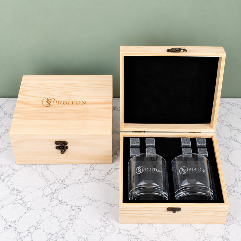 Personalised corporate whiskey gift box with custom logo and message, ideal for client appreciation, executive gifts and business milestones.