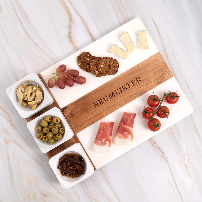 Engraved Acacia Wood and Marble Serving Platter Personalised Favours