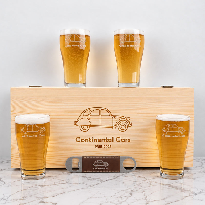 Personalised corporate beer gift set with engraved company logo, four beer glasses and wooden box
