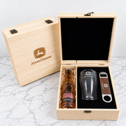 Personalised corporate beer gift set with engraved 425ml beer glass, barmate and company logo on a custom wooden gift box.