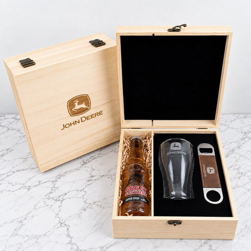 Personalised corporate beer gift set with engraved 425ml beer glass, barmate and company logo on a custom wooden gift box.