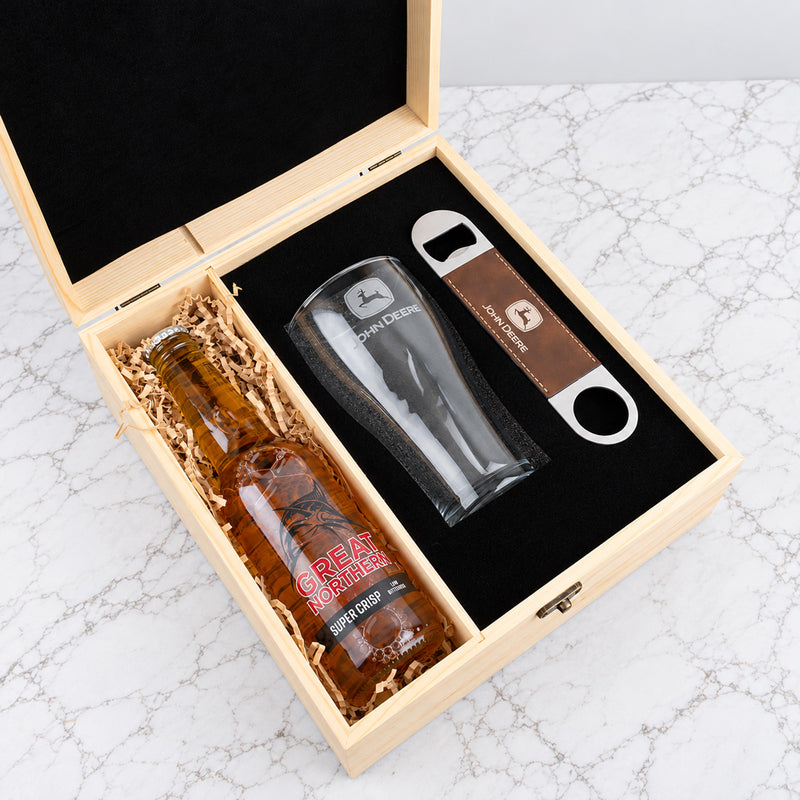 Branded wooden beer gift set with engraved company logo, personalised beer glass, barmate and beer for clients and colleagues.