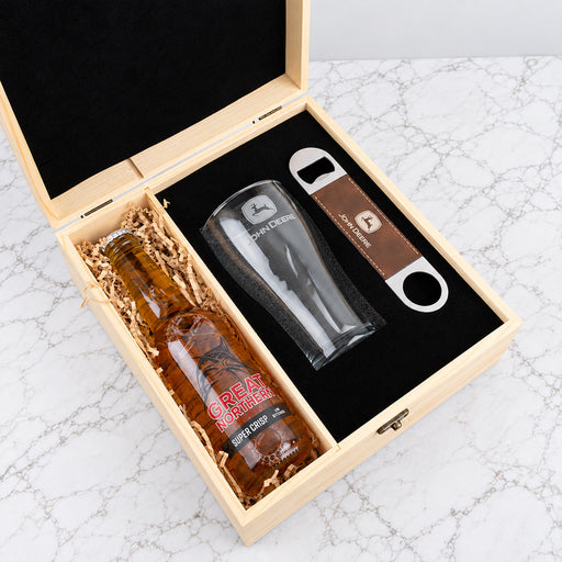 Branded wooden beer gift set with engraved company logo, personalised beer glass, barmate and beer for clients and colleagues.