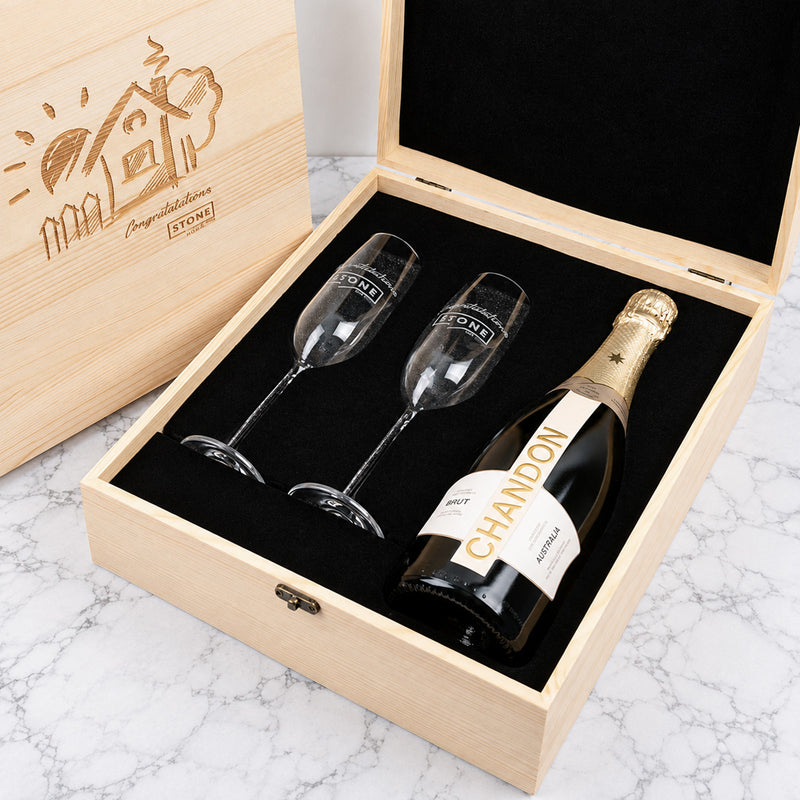 Branded Champagne gift box with personalised Champagne flutes and bubbles, perfect for clients, colleagues and business partners.