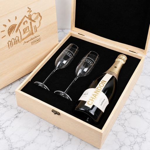 Branded Champagne gift box with personalised Champagne flutes and bubbles, perfect for clients, colleagues and business partners.