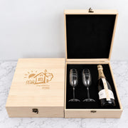 Corporate Champagne gift set with logo engraved wooden box, two personalised flutes and choice of premium sparkling wine.