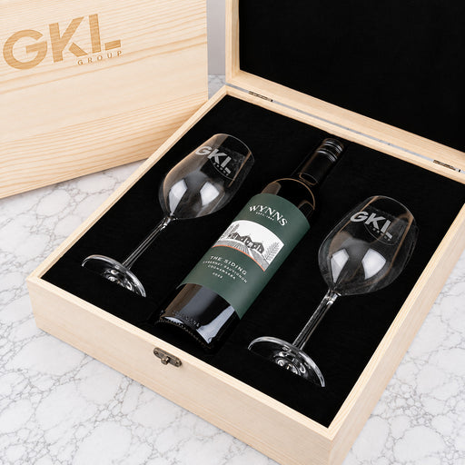 Branded wooden wine gift box with personalised wine glasses and choice of Cabernet Sauvignon or Sauvignon Blanc for clients and staff.