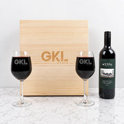 Engraved corporate wine gift set with company logo, personalised wine glasses and wine, perfect for client, supplier and team thank you gifts.