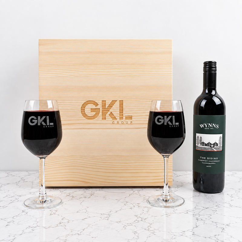 Engraved corporate wine gift set with company logo, personalised wine glasses and wine, perfect for client, supplier and team thank you gifts.