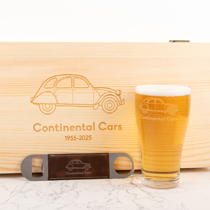 Custom beer set with wooden box, barmate and logo-engraved glasses for client gifting