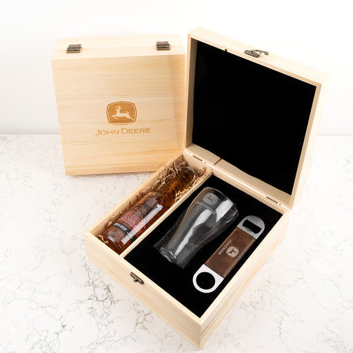 Personalised corporate beer gift set with engraved glass, barmate and wooden box featuring company logo