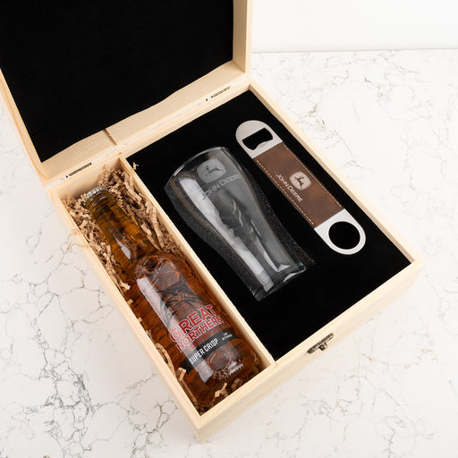 Custom beer gift box with Corona or Great Northern, engraved glass and branded wooden packaging