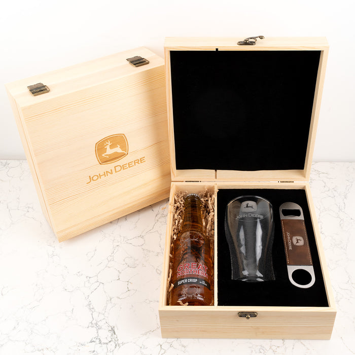 Client gift set with engraved beer glass, company logo wooden box and kraft paper gift wrapping