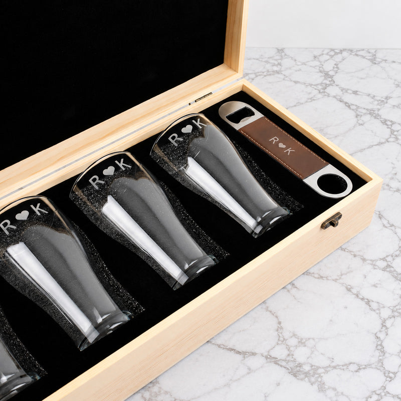 Personalised wedding beer gift set with four engraved glasses and wooden keepsake box