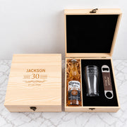 Personalised wooden gift boxed beer set with engraved 425ml beer glass, barmate and beer bottle for a milestone birthday.