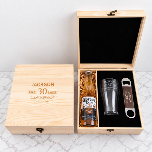Personalised wooden gift boxed beer set with engraved 425ml beer glass, barmate and beer bottle for a milestone birthday.