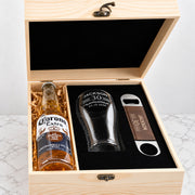 Engraved beer glass gift set presented in a personalised wooden box, perfect for 18th, 21st, 40th and milestone birthdays.
