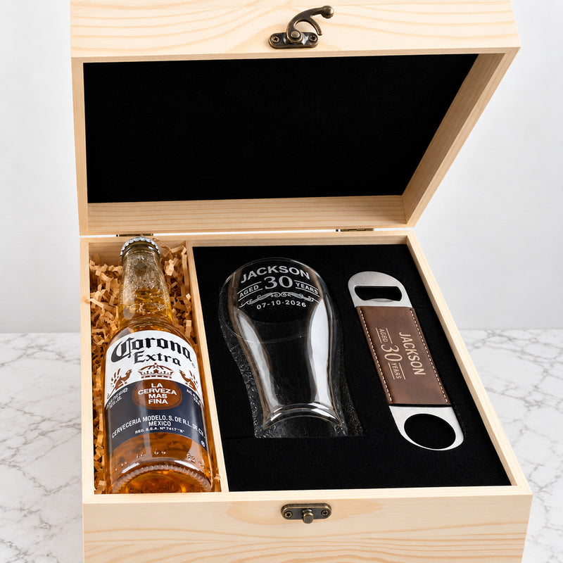 Engraved beer glass gift set presented in a personalised wooden box, perfect for 18th, 21st, 40th and milestone birthdays.