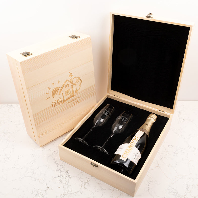 Personalised corporate Champagne gift set with two flutes and bottle in engraved wooden box