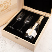 Champagne gift for clients or colleagues with custom logo on glasses and box