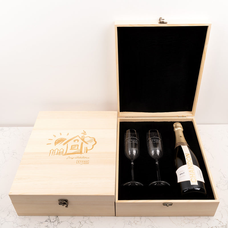Luxury corporate gift featuring personalised flutes and choice of bubbles in stylish wooden box