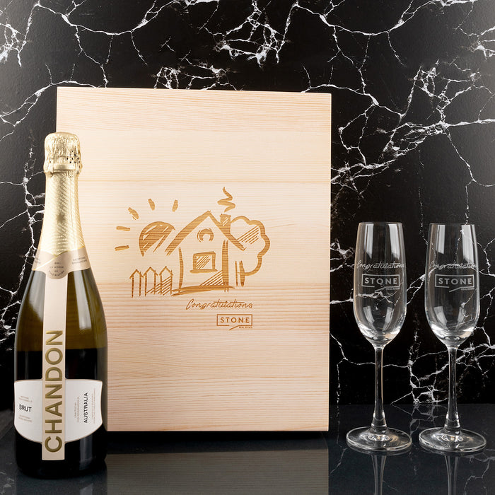 Custom engraved Champagne flutes and bottle set for client, customer, or colleague appreciation