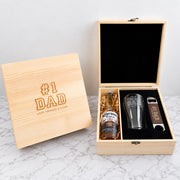 Personalised Father’s Day beer gift set with engraved 425ml beer glass, barmate and beer bottle in a custom wooden gift box.