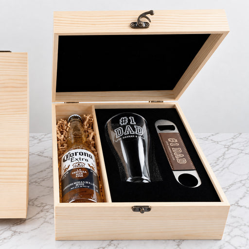 Engraved beer glass and barmate gift set presented in a personalised wooden box, perfect for Dad, Grandpa or a fatherly figure.