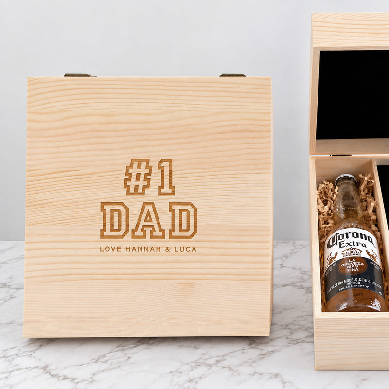 Personalised wooden gift boxed beer set for Father’s Day with engraved beer glass, barmate and favourite beer.