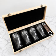 Engraved four beer glass gift set with personalised wooden presentation box