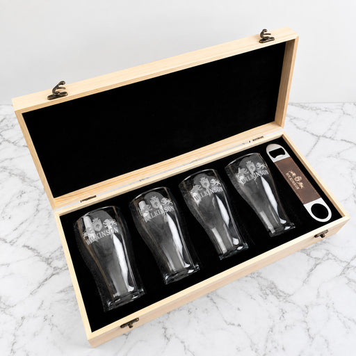 Engraved four beer glass gift set with personalised wooden presentation box