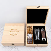 Personalised bridal party beer gift set with engraved 425ml beer glass, barmate and beer in a custom wooden presentation box.