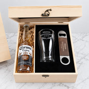 Engraved groomsmen beer set personalised with name, wedding title and date, presented in a wooden gift box.