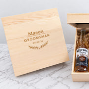 Personalised best man and groomsmen gift with engraved beer glass, barmate and favourite beer in a keepsake wooden box.