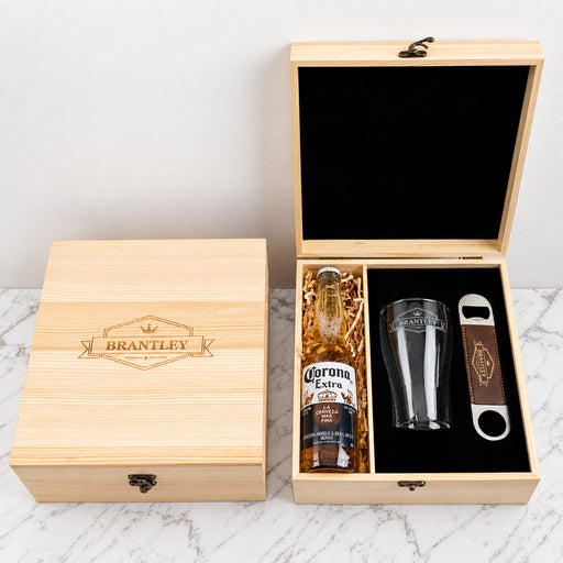 Personalised wooden gift boxed beer set with engraved 425ml beer glass, barmate and beer bottle.
