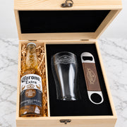Engraved beer gift set presented in a personalised wooden keepsake box, perfect for birthdays and Christmas.