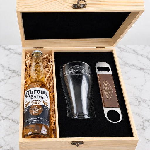 Engraved beer gift set presented in a personalised wooden keepsake box, perfect for birthdays and Christmas.