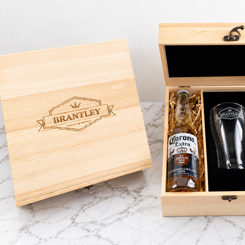 Personalised beer lover gift with engraved beer glass, bottle opener, beer and custom wooden presentation box.