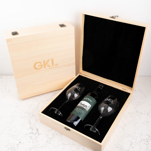 Personalised corporate wine glass gift set with wooden gift box