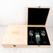 Corporate gift idea featuring premium wine glasses, personalised wooden box, and choice of red or white wine