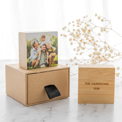 Mini wooden photo block with engraved message on back