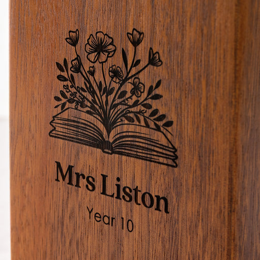 Engraved wooden stationery holder for teacher with personalised message