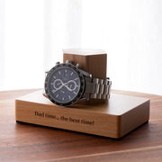 Personalised beech wood watch stand engraved with a custom name, designed to display and protect one watch.