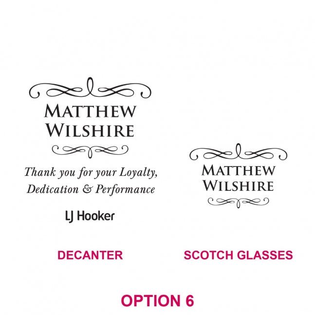Engraved Deluxe Square Whiskey Decanter PLUS 2 Scotch Glasses Corporate Gift