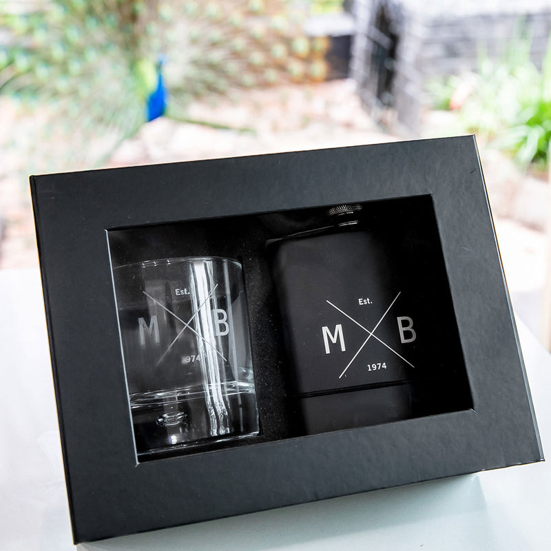 Personalised Gift Boxed Birthday Engraved Round Scotch Glass and Black 7oz Hip Flask