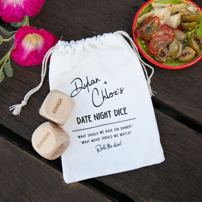 Personalised Engraved Date Night Dice Game with Calico Bag