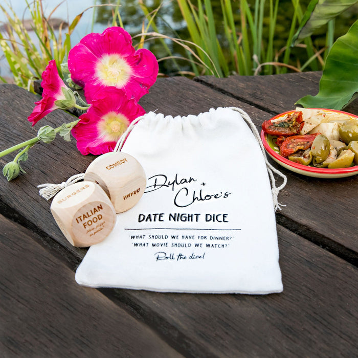 Custom Engraved Date Night Dice Game with Personalised Calico Bag